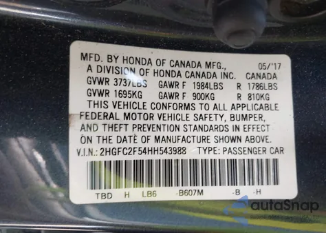 2017 Honda Civic Lx z USA, uszkodzony, nr VIN 2HGFC2F54HH543988